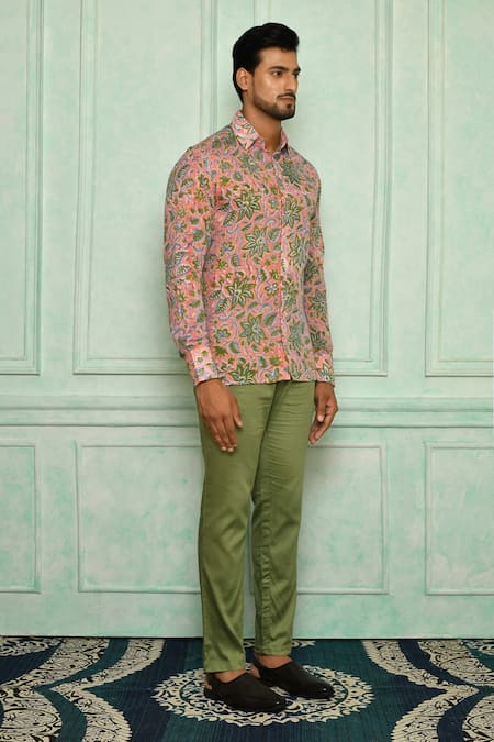 Pranay Baidya Orange , Malai Floral Print Shirt And Pant Set Online at Aza Fashions Pranay Baidya_Orange , Malai Floral Print Shirt And Pant Set _Online_at_Aza_Fashions