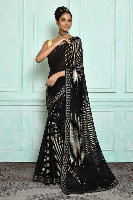 Samyukta Singhania Black Saree Georgette Embroidered Sequins  