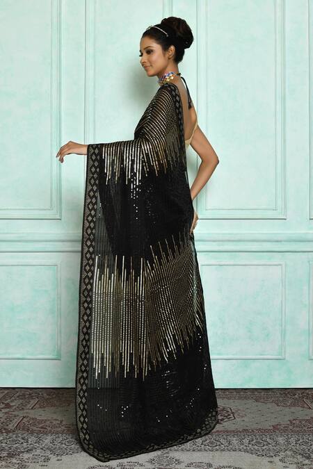 Shop Samyukta Singhania Black Georgette, Satin Sequins Embroidered Saree at Aza Fashions Shop_Samyukta Singhania_Black Georgette, Satin Sequins Embroidered Saree_at_Aza_Fashions