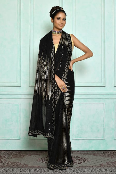 Samyukta Singhania Black Georgette, Satin Sequins Embroidered Saree Online at Aza Fashions Samyukta Singhania_Black Georgette, Satin Sequins Embroidered Saree_Online_at_Aza_Fashions