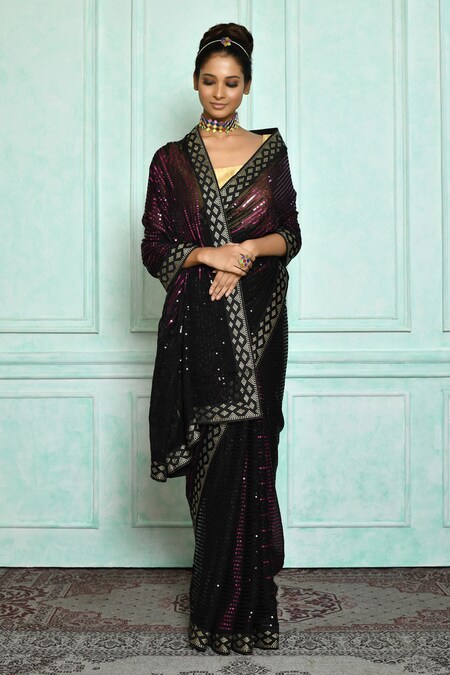 Black Sequins Georgette Saree Set With Belt - Angad Singh- Fabilicious  Fashion