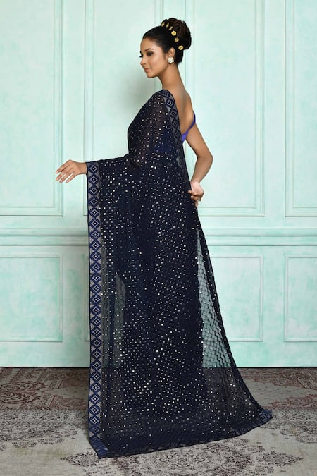 Shop Samyukta Singhania Blue Georgette, Satin Sequins Chokdi Embroidered Saree at Aza Fashions Shop_Samyukta Singhania_Blue Georgette, Satin Sequins Chokdi Embroidered Saree_at_Aza_Fashions