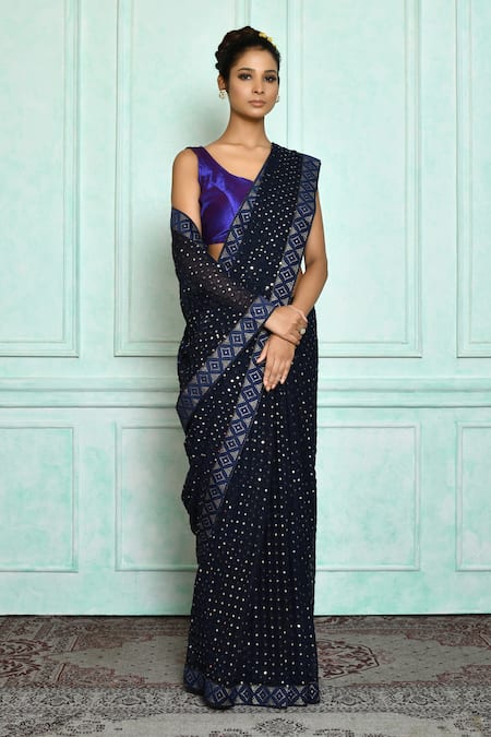 Samyukta Singhania Blue Georgette, Satin Sequins Chokdi Embroidered Saree Online at Aza Fashions Samyukta Singhania_Blue Georgette, Satin Sequins Chokdi Embroidered Saree_Online_at_Aza_Fashions