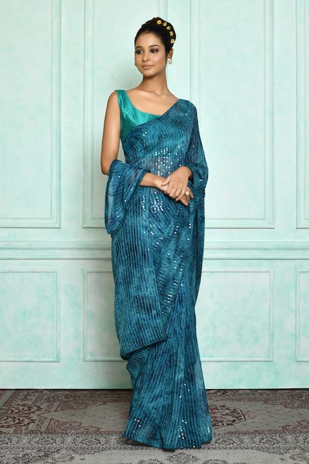 Samyukta Singhania_Blue Chiffon, Satin, Brocade Sequins Round Neck Prism Pattern Embroidered Saree_Online_at_Aza_Fashions