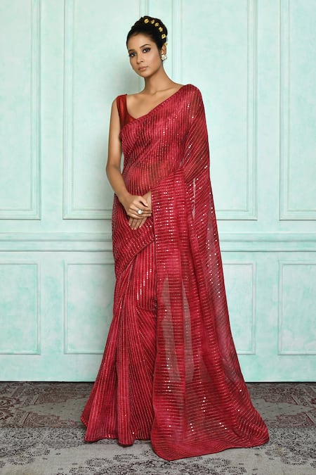 Nazaakat by Samara Singh Red Saree Chiffon Printed Prism Pattern Sequin Embroidered