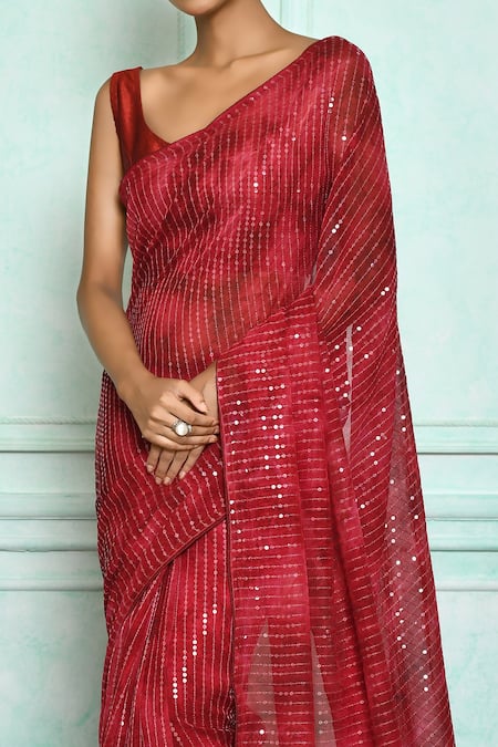 Buy_Samyukta Singhania_Red Chiffon, Bamboo Sequins Round Neck Embroidered Printed Saree_Online_at_Aza_Fashions
