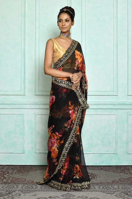 Samyukta Singhania Black Georgette Sequins, Embroidery Round Neck Floral Printed Saree Online at Aza Fashions Samyukta Singhania_Black Georgette Sequins, Embroidery Round Neck Floral Printed Saree_Online_at_Aza_Fashions