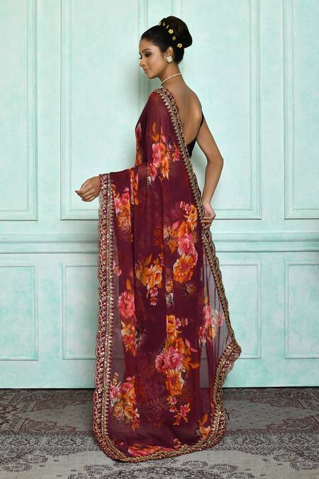 Shop_Samyukta Singhania_Wine Georgette Embroidery, Sequins Floral Print Saree With Border_at_Aza_Fashions