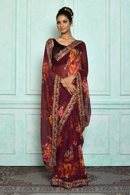 Samyukta Singhania_Wine Georgette Embroidery, Sequins Floral Print Saree With Border_Online_at_Aza_Fashions