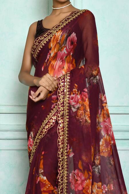 Buy_Samyukta Singhania_Wine Georgette Embroidery, Sequins Floral Print Saree With Border_Online_at_Aza_Fashions