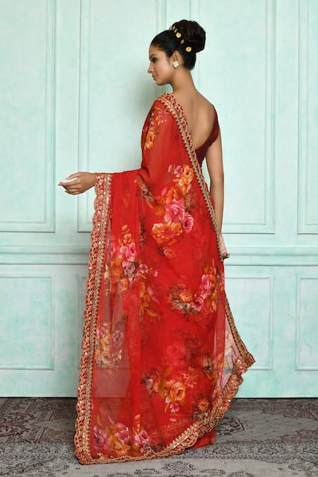 Samyukta Singhania Red Georgette, Brocade Sequins Botanical Print Saree Online at Aza Fashions Samyukta Singhania_Red Georgette, Brocade Sequins Botanical Print Saree _Online_at_Aza_Fashions