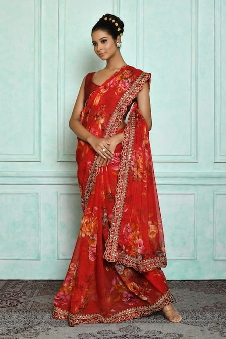 Buy Samyukta Singhania Red Georgette, Brocade Sequins Botanical Print Saree Online at Aza Fashions Buy_Samyukta Singhania_Red Georgette, Brocade Sequins Botanical Print Saree _Online_at_Aza_Fashions