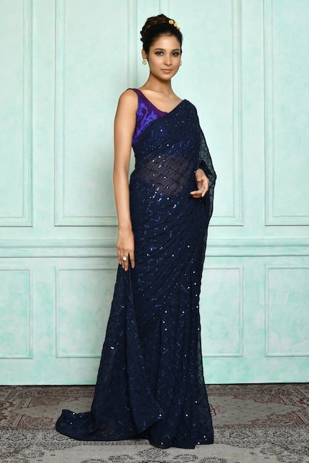 Georgette Sequins Navy Blue Designer Saree