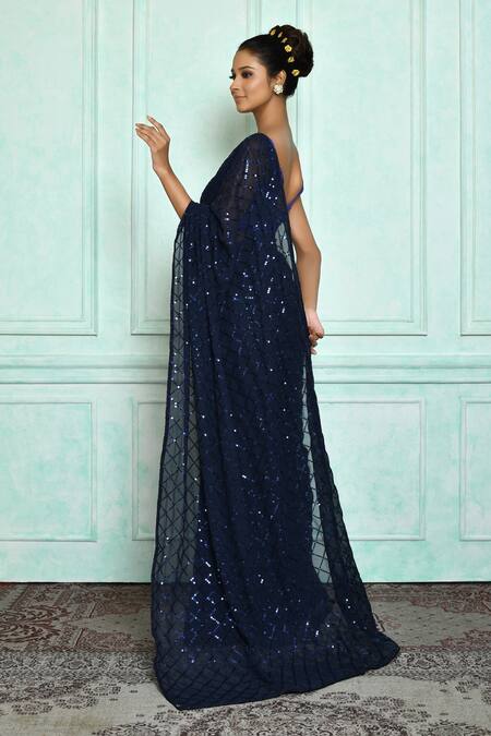 Shop Samyukta Singhania Blue Georgette, Bamboo, Silk Sequins Round Neck Embroidered Saree at Aza Fashions Shop_Samyukta Singhania_Blue Georgette, Bamboo, Silk Sequins Round Neck Embroidered Saree_at_Aza_Fashions
