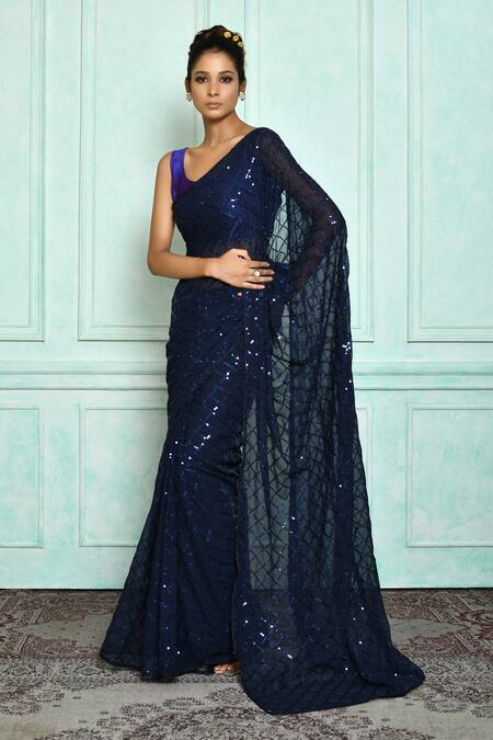 Samyukta Singhania Blue Georgette, Bamboo, Silk Sequins Round Neck Embroidered Saree Online at Aza Fashions Samyukta Singhania_Blue Georgette, Bamboo, Silk Sequins Round Neck Embroidered Saree_Online_at_Aza_Fashions