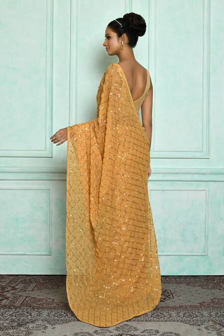 Shop_Samyukta Singhania_Brown Georgette, Brocade Sequins, Embroidery Square Neck Saree_at_Aza_Fashions