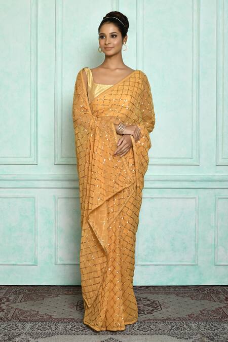 Samyukta Singhania_Brown Georgette, Brocade Sequins, Embroidery Square Neck Saree_Online_at_Aza_Fashions