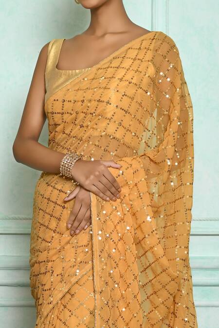 Buy_Samyukta Singhania_Brown Georgette, Brocade Sequins, Embroidery Square Neck Saree_Online_at_Aza_Fashions