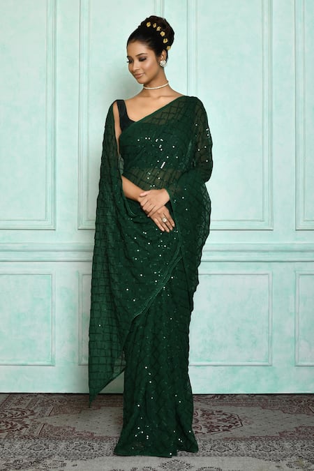 Samyukta Singhania_Green Georgette, Bamboo Sequins Round Neck Embroidered Saree_Online_at_Aza_Fashions