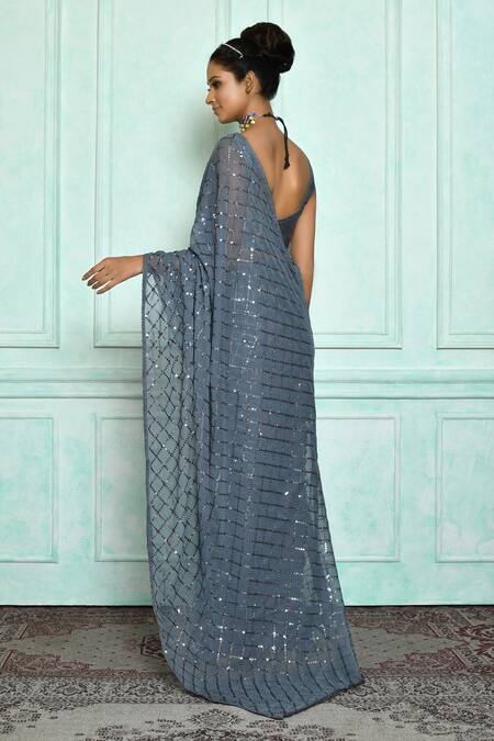 Shop Samyukta Singhania Gray Georgette, Bamboo Sequins Round Neck Embroidered Grey Saree at Aza Fashions Shop_Samyukta Singhania_Gray Georgette, Bamboo Sequins Round Neck Embroidered Grey Saree_at_Aza_Fashions