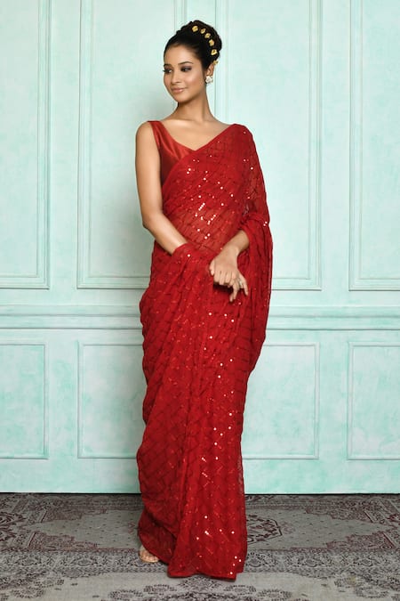 Samyukta Singhania_Red Georgette, Bamboo Sequins Embroidered Saree_Online_at_Aza_Fashions
