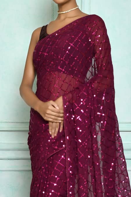 Buy_Samyukta Singhania_Wine Georgette, Brocade Sequins Embroidered Saree_Online_at_Aza_Fashions