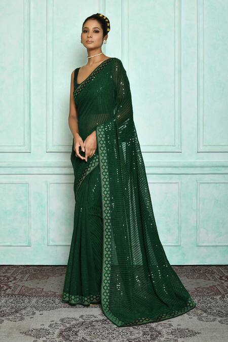 Ethnic Wear Stone Work Embroidered Georgette Dark Green Saree SARV150975