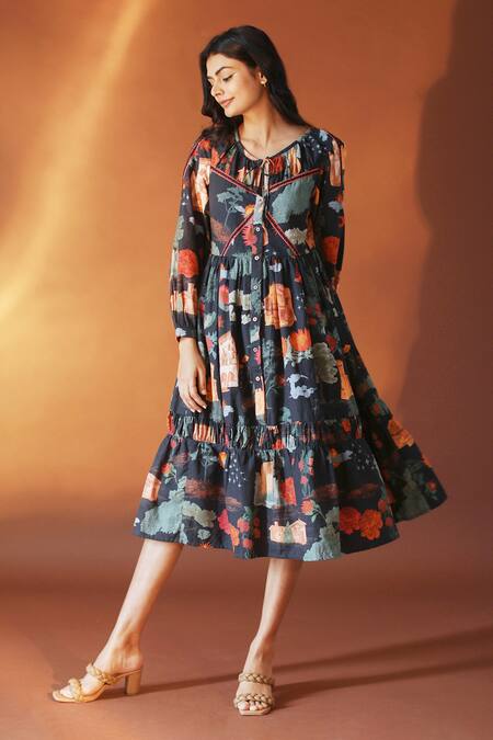 POZRUH_Black Hemp And Cotton Blend Floral V Neck Juno Print Midi Dress_Online_at_Aza_Fashions
