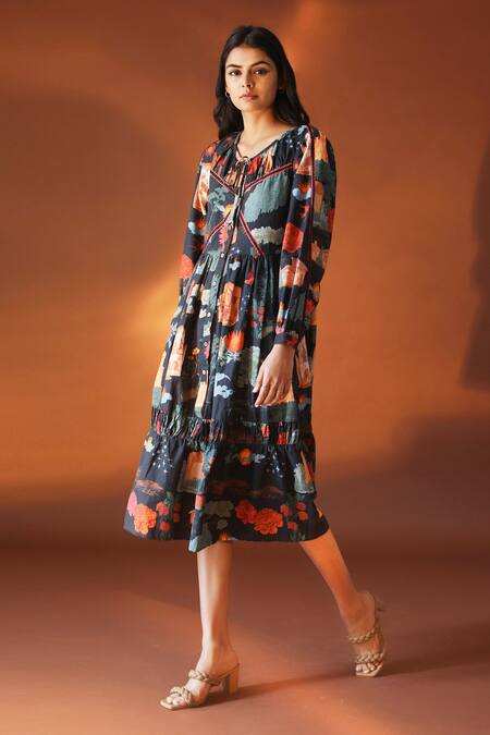 Buy_POZRUH_Black Hemp And Cotton Blend Floral V Neck Juno Print Midi Dress_Online_at_Aza_Fashions