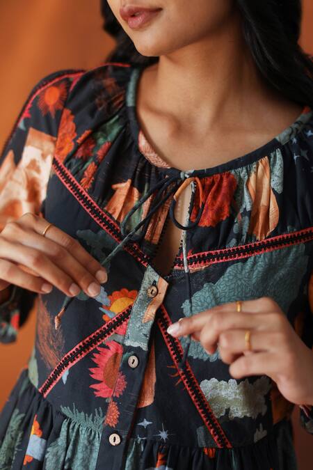Shop_POZRUH_Black Hemp And Cotton Blend Floral V Neck Juno Print Midi Dress_Online_at_Aza_Fashions