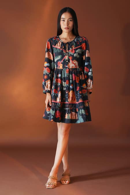 POZRUH_Black Hemp And Cotton Blend Floral Round Juno Print Dress_Online_at_Aza_Fashions