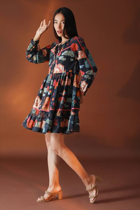 Buy_POZRUH_Black Hemp And Cotton Blend Floral Round Juno Print Dress_Online_at_Aza_Fashions