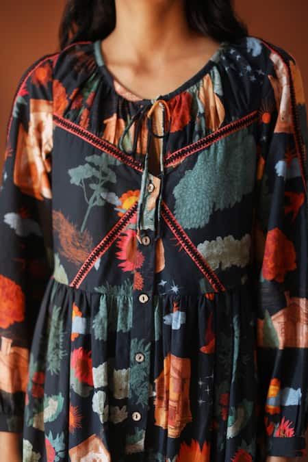 Shop_POZRUH_Black Hemp And Cotton Blend Floral Round Juno Print Dress_Online_at_Aza_Fashions
