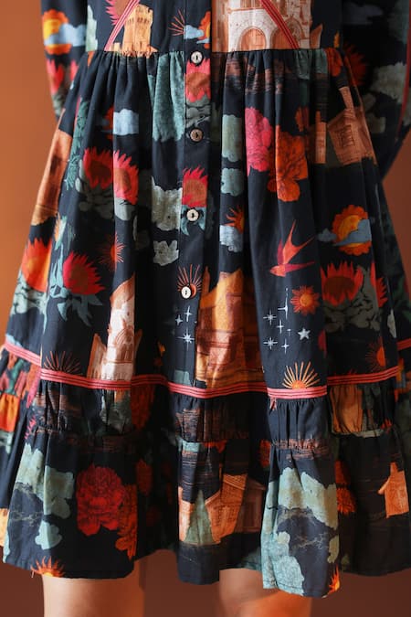 POZRUH_Black Hemp And Cotton Blend Floral Round Juno Print Dress_at_Aza_Fashions