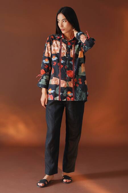 POZRUH_Black Pure Hemp Cedro High Waist Pleated Pant_Online_at_Aza_Fashions