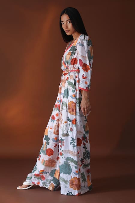 Buy_POZRUH_White Pure Hemp Floral V Neck Astra Print Jumpsuit_Online_at_Aza_Fashions