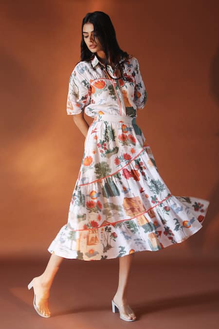 POZRUH_White Pure Hemp Floral Shirt Collar Crescent Print _Online_at_Aza_Fashions