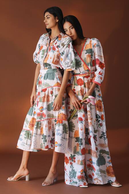 Buy_POZRUH_White Pure Hemp Floral Crescent Print Skirt_Online_at_Aza_Fashions