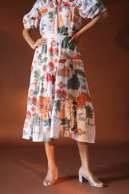 POZRUH_White Pure Hemp Floral Crescent Print Skirt_at_Aza_Fashions