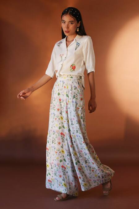 POZRUH_White Hemp And Bamboo Blend Floral Notched Collar Alpha Embroidered Shirt _Online_at_Aza_Fashions