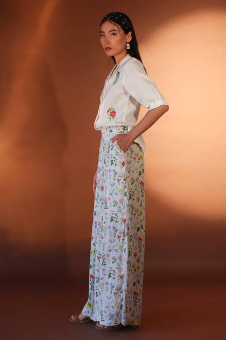 Buy_POZRUH_White Hemp And Bamboo Blend Floral Notched Collar Alpha Embroidered Shirt _Online_at_Aza_Fashions