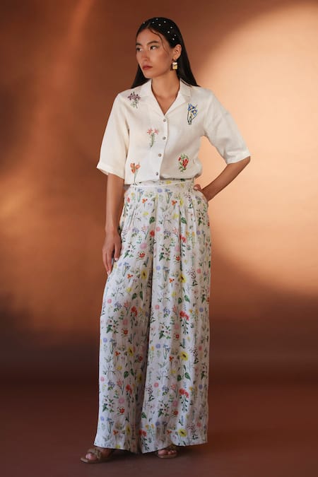 GORGLITTER Women's Floral Print Wide Leg Pants Belted High Waist Palazzo  Pants Apricot Small at Amazon Women's Clothing store