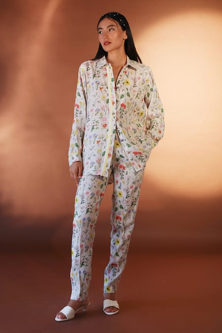 POZRUH_White Hemp And Bamboo Blend Mona Floral Pattern Trouser_Online_at_Aza_Fashions