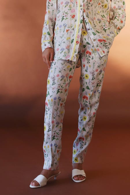 Shop_POZRUH_White Hemp And Bamboo Blend Mona Floral Pattern Trouser_Online_at_Aza_Fashions