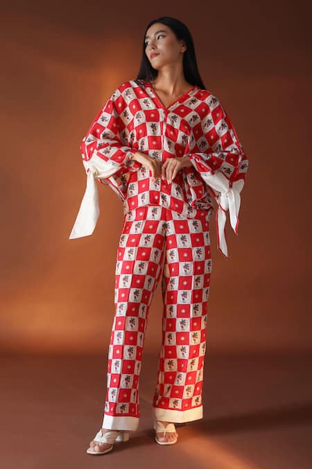 POZRUH_Red Pure Mulberry Silk Floral, Checks V Neck Orion Printed Kaftan Top_Online_at_Aza_Fashions