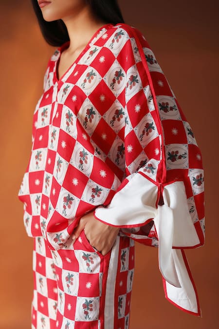 POZRUH_Red Pure Mulberry Silk Floral, Checks V Neck Orion Printed Kaftan Top_at_Aza_Fashions