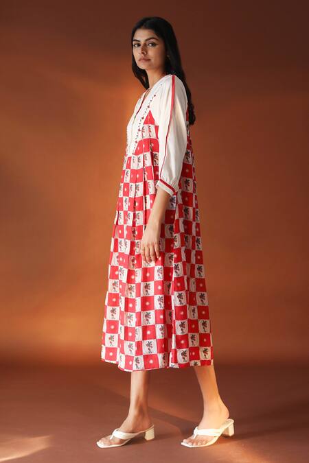 POZRUH_Red Pure Mulberry Silk Floral, Checks V Neck Narvi Printed Pleated Dress_Online_at_Aza_Fashions