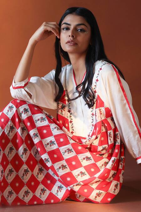 Shop_POZRUH_Red Pure Mulberry Silk Floral, Checks V Neck Narvi Printed Pleated Dress_Online_at_Aza_Fashions