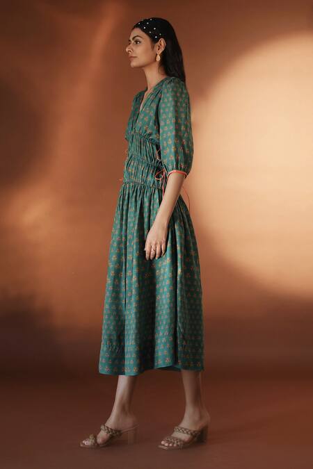 Shop_POZRUH_Green Pure Mulberry Silk Floral Pattern V Neck Sitara Printed Dress_Online_at_Aza_Fashions
