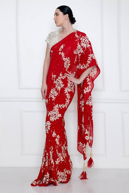 Dilnaz_Red 80g Georgette, Polyester Satin Floral Pattern Parsi Gara Embroidered Saree_Online_at_Aza_Fashions